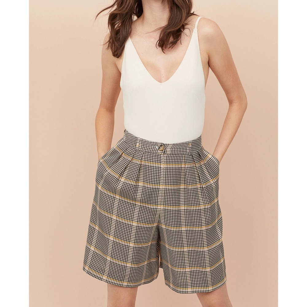 H&M Plaid Bermuda Shorts Women Size 2 Multi Woven Preppy Pleated High Waist Chic
